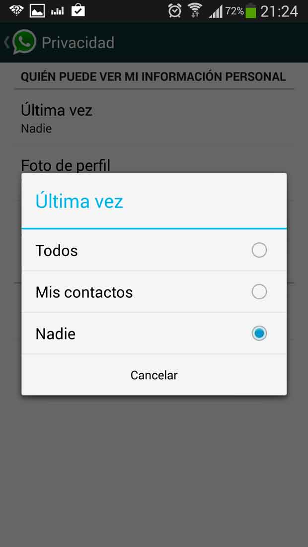 Cómo ocultar la última hora de conexion de WhatsApp 