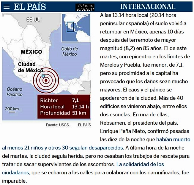 Sismo en México Jueves 19 de septiembre de 2017; 1:14 pm. (hora local)